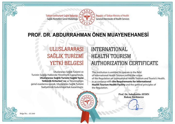 Prof. Dr. Abdurrahman Önen Muayenehanesi adına ST-3049 numaralı Uluslararası Sağlık Turizmi Yetki Belgesi örneği